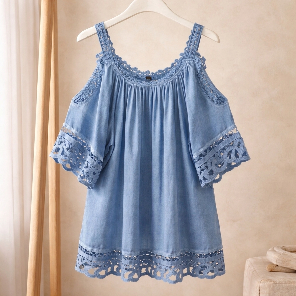 Swimsuits For All Light Blue Cold-Shoulder Crochet Beach Coverup Size 18/20
